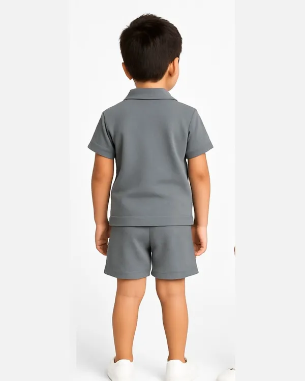 Grey_Cotton_Casual_Coord_Shirt_Shorts_Set_For_Boys