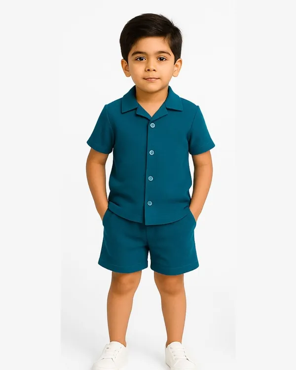 Teal_Cotton_Casual_Coord_Shirt_Shorts_Set_For_Boys