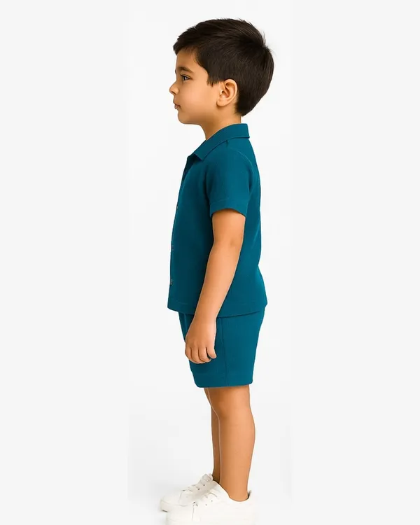 Teal_Cotton_Casual_Coord_Shirt_Shorts_Set_For_Boys