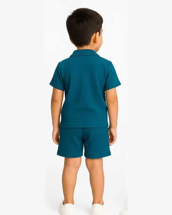 Teal_Cotton_Casual_Coord_Shirt_Shorts_Set_For_Boys