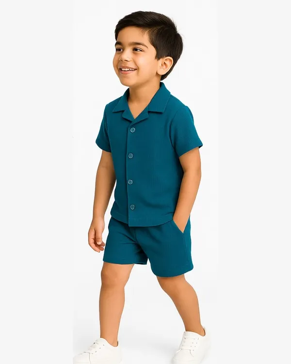 Teal_Cotton_Casual_Coord_Shirt_Shorts_Set_For_Boys