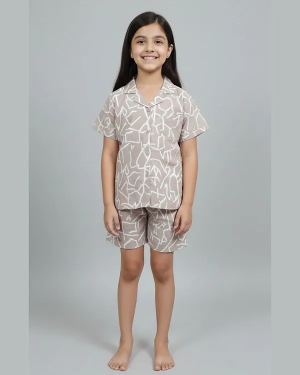 Beige_Cotton_Casual_Shirt_Shorts_Set_For_Girls