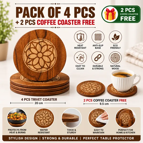 Wood_Floral_Engraved_Trivet_And_Coaster_Set