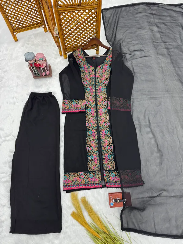 Black_Georgette_Straight_Floral_Embroidered_Kurta_Set_With_Dupatta_For_Women