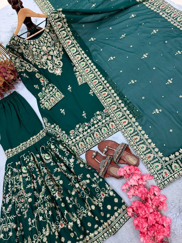Green_Georgette_Floral_Embroidered_Sharara_Suit_For_Women