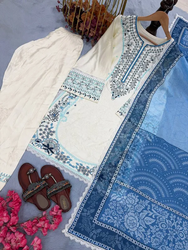 White_Rayon_Floral_Embroidered_Kurta_Pant_Dupatta_Set_For_Women