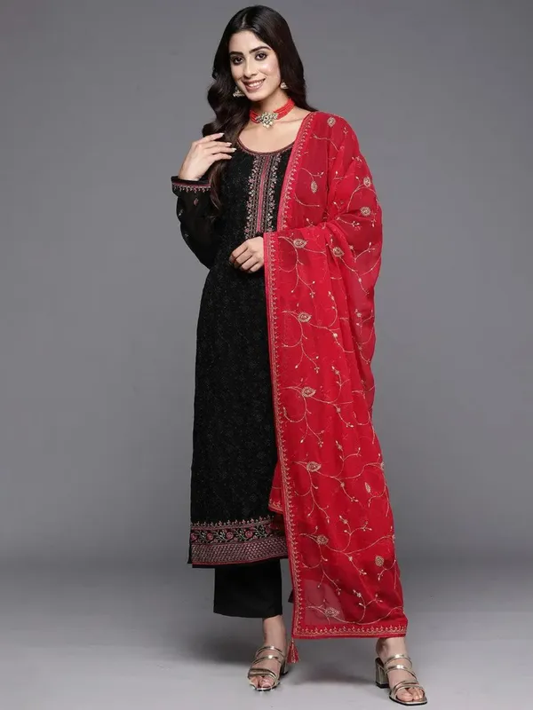 Black_Georgette_Embroidered_Kurta_Pant_Dupatta_Set_For_Women