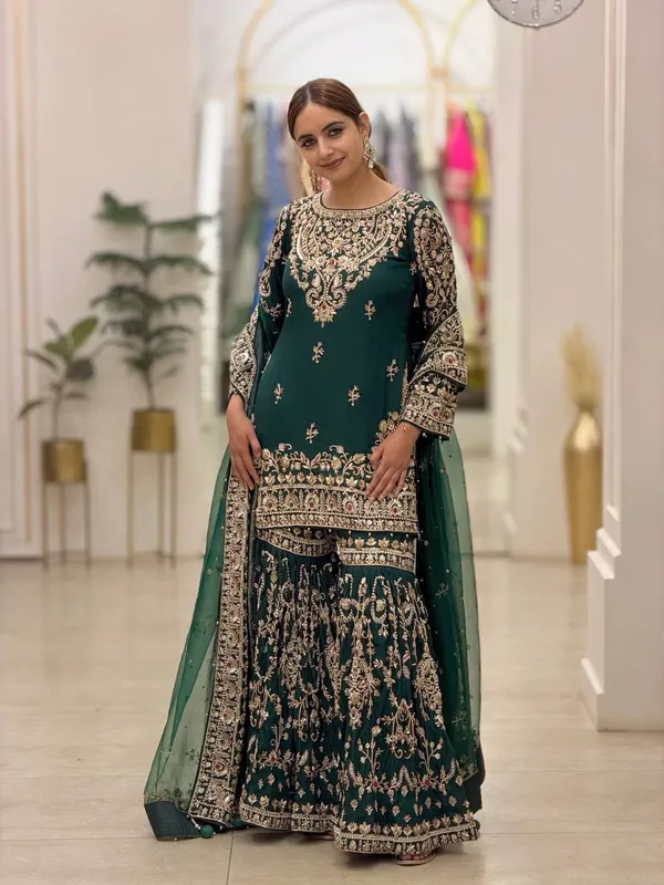 Green_Georgette_Floral_Embroidered_Sharara_Suit_For_Women