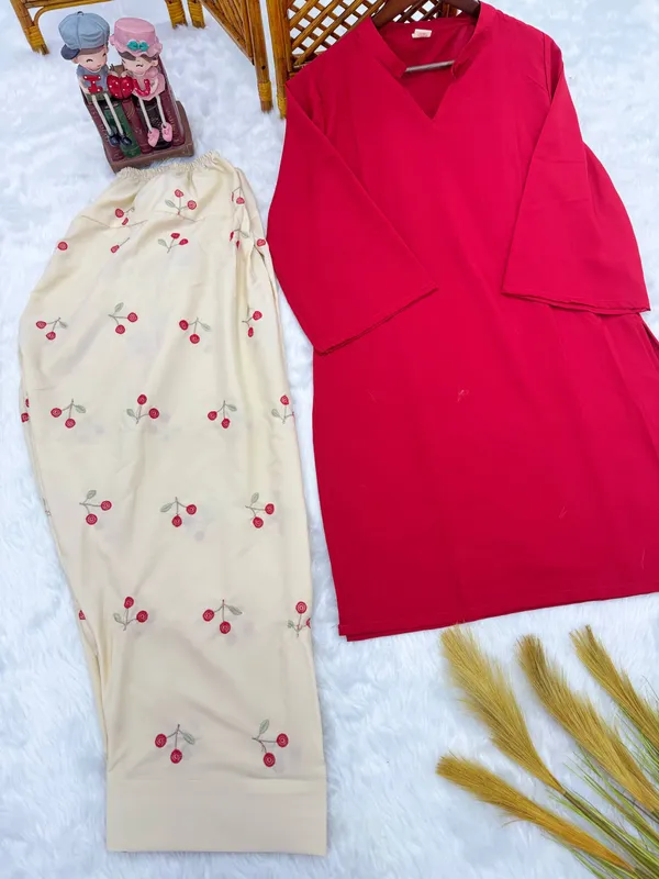 Red_Cotton_Straight_Kurta_With_Bottom_Set_For_Women
