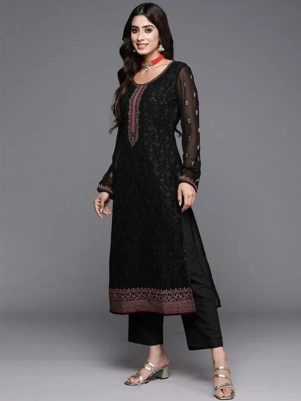 Black_Georgette_Embroidered_Kurta_Pant_Dupatta_Set_For_Women