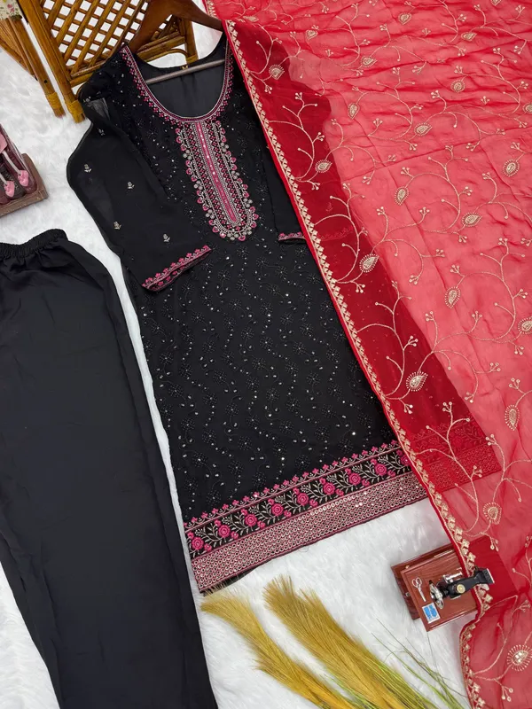 Black_Georgette_Embroidered_Kurta_Pant_Dupatta_Set_For_Women