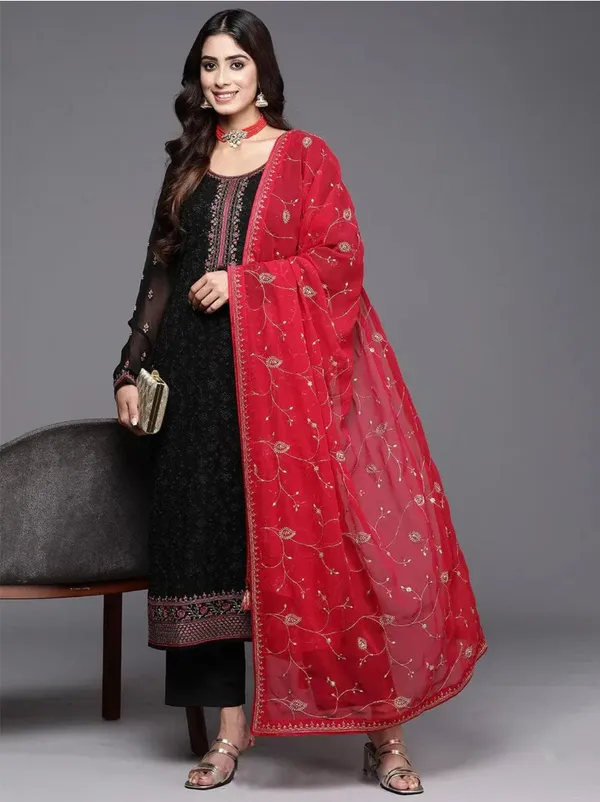 Black_Georgette_Embroidered_Kurta_Pant_Dupatta_Set_For_Women