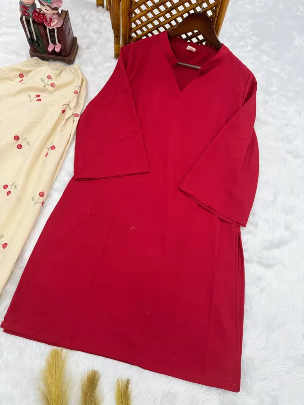 Red_Cotton_Straight_Kurta_With_Bottom_Set_For_Women
