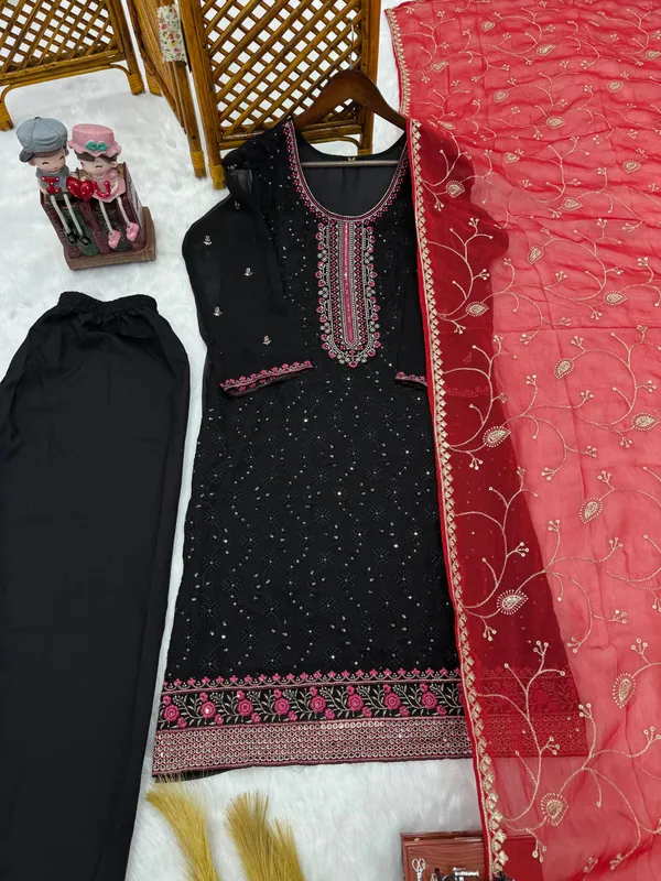 Black_Georgette_Embroidered_Kurta_Pant_Dupatta_Set_For_Women