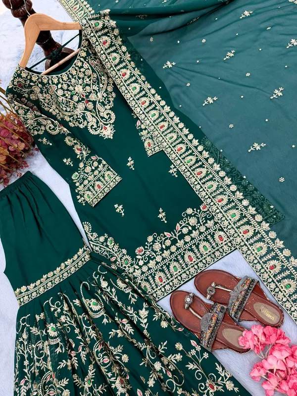 Green_Georgette_Floral_Embroidered_Sharara_Suit_For_Women