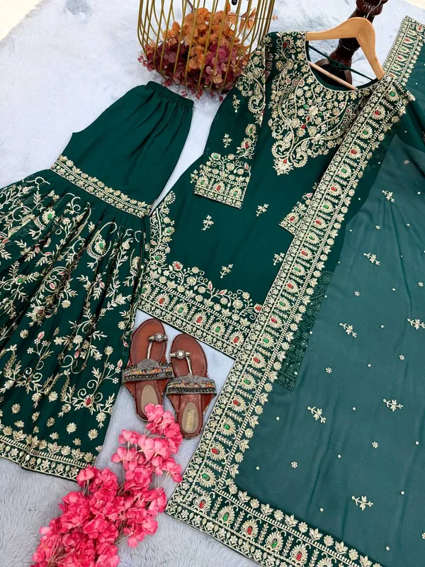 Green_Georgette_Floral_Embroidered_Sharara_Suit_For_Women