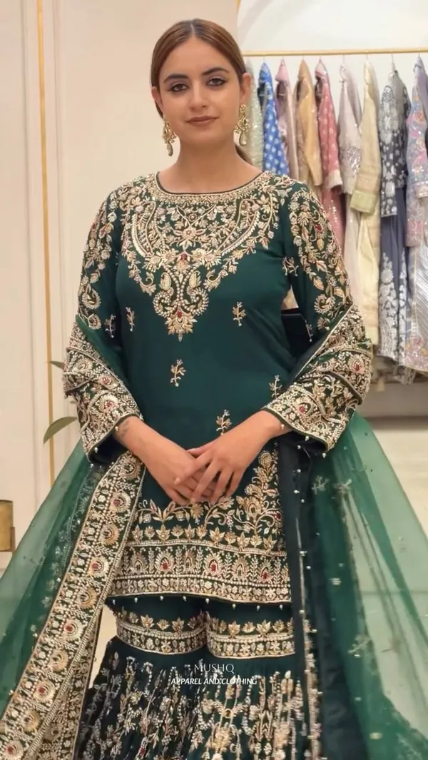 Green_Georgette_Floral_Embroidered_Sharara_Suit_For_Women