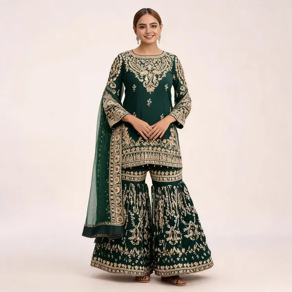 Green_Georgette_Floral_Embroidered_Sharara_Suit_For_Women