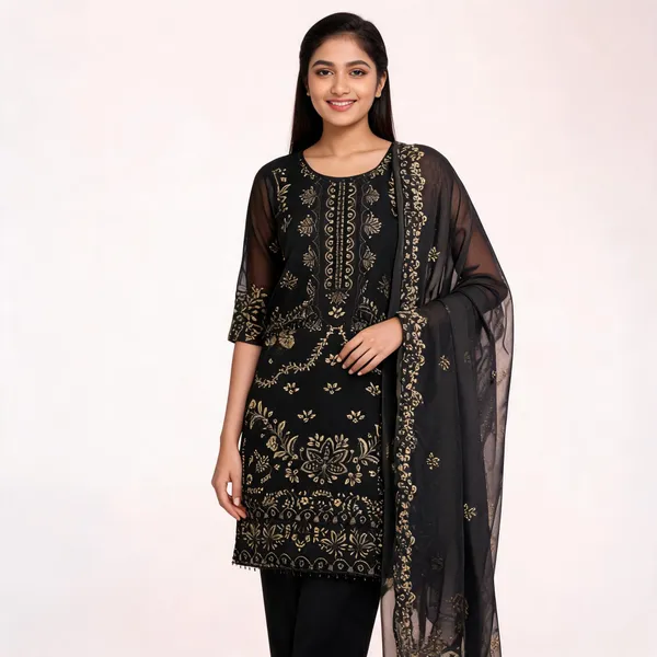Black_Georgette_Floral_Motif_Kurta_Set_For_Women