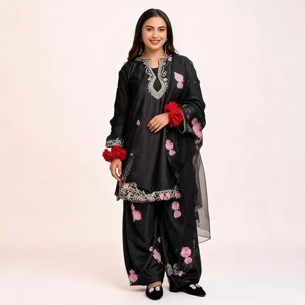 Black_Silk_Embroidered_Kurta_Bottom_Dupatta_Set_For_Women