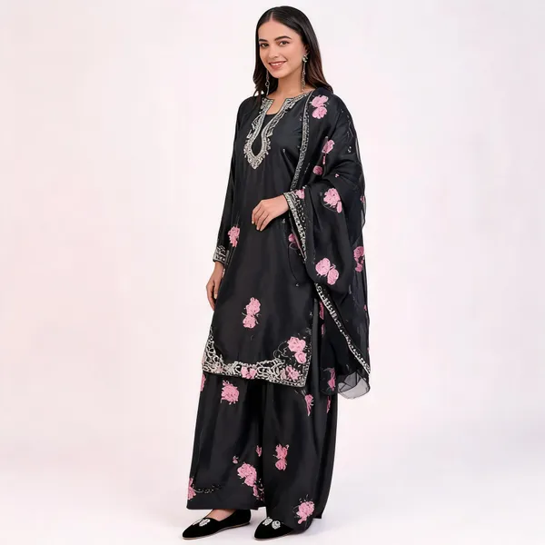 Black_Silk_Embroidered_Kurta_Bottom_Dupatta_Set_For_Women