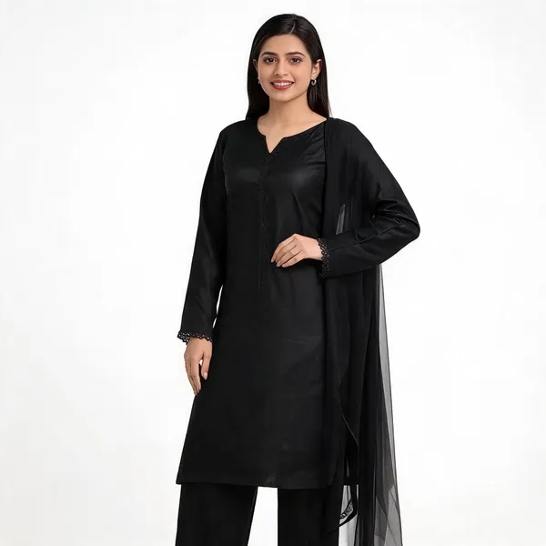 Black_Crepe_Silk_Straight_Lace_Detail_Kurta_For_Women