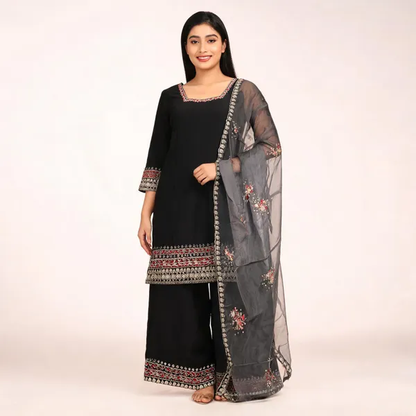 Black_Crepe_Silk_Straight_Geometric_Border_Kurta_Set_For_Women