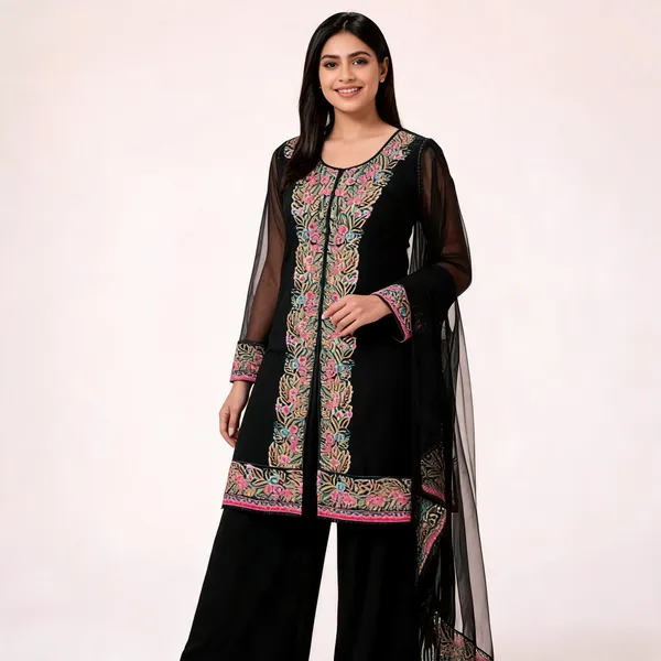 Black_Georgette_Straight_Floral_Embroidered_Kurta_Set_With_Dupatta_For_Women