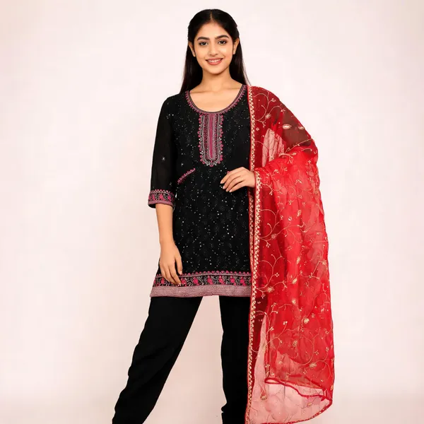 Black_Georgette_Embroidered_Kurta_Pant_Dupatta_Set_For_Women