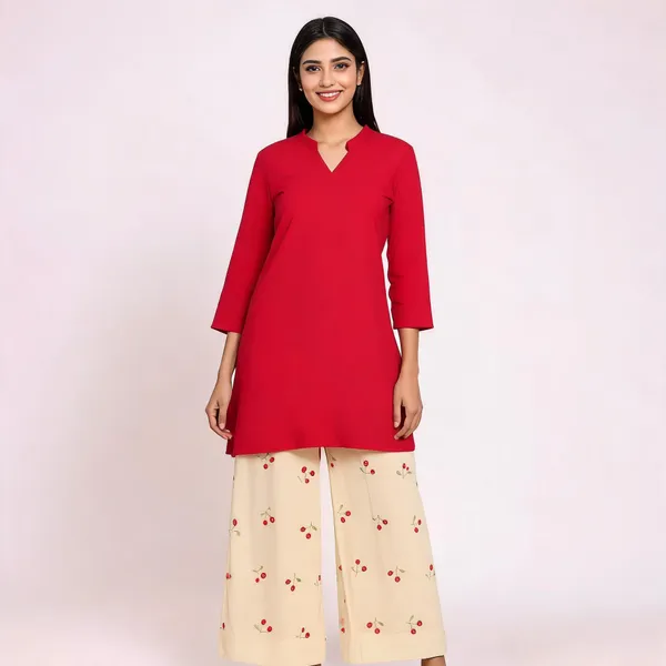 Red_Cotton_Straight_Kurta_With_Bottom_Set_For_Women
