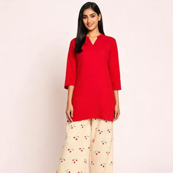Red_Cotton_Straight_Kurta_With_Bottom_Set_For_Women
