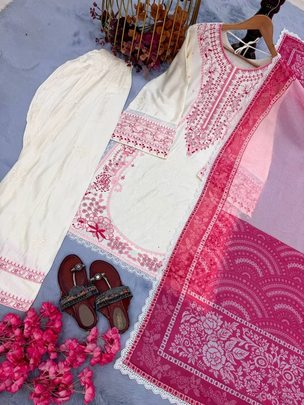 White_Rayon_Straight_Floral_Embroidered_Kurta_Bottom_Dupatta_Set_For_Women