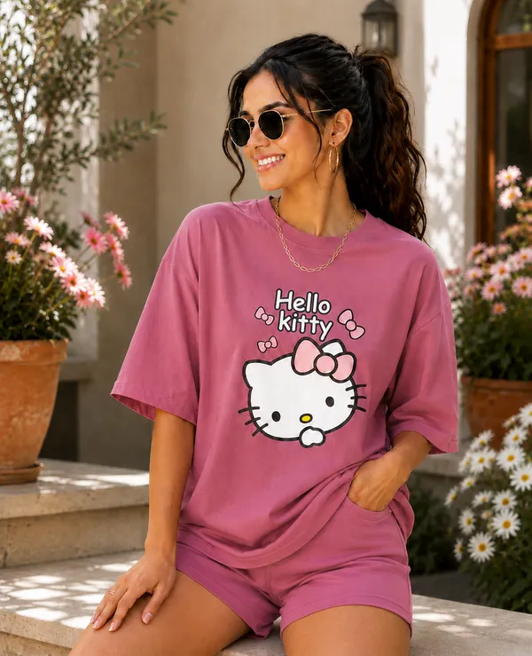 Pink_Graphic_T-Shirt_And_Shorts_Set_for_Women
