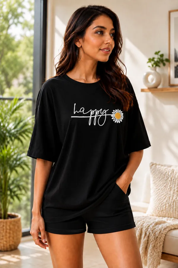 Black_Relaxed_Fit_T-Shirt_And_Shorts_Set_For_Women