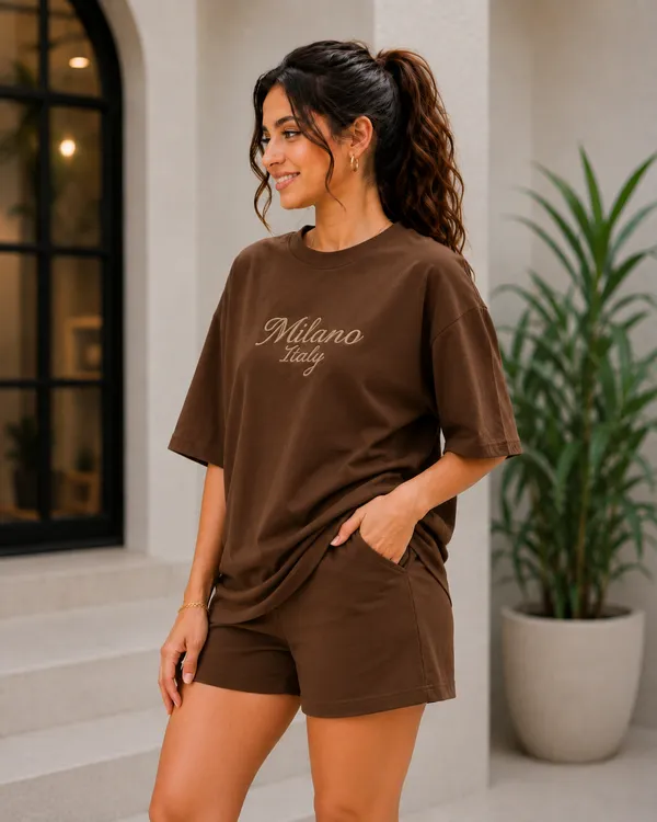Brown_Relaxed_Fit_T-Shirt_And_Shorts_Set_For_Women