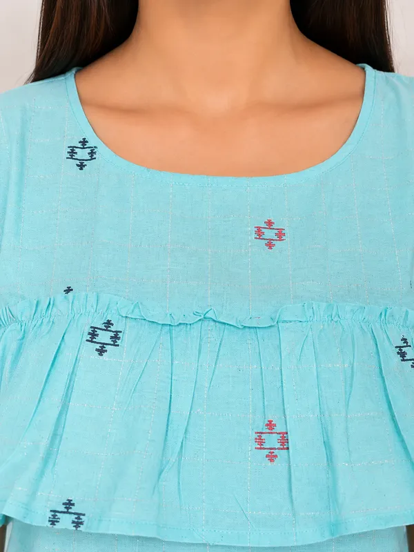 Turquoise_Printed_Cold_Shoulder_Ruffle_Top_for_Women
