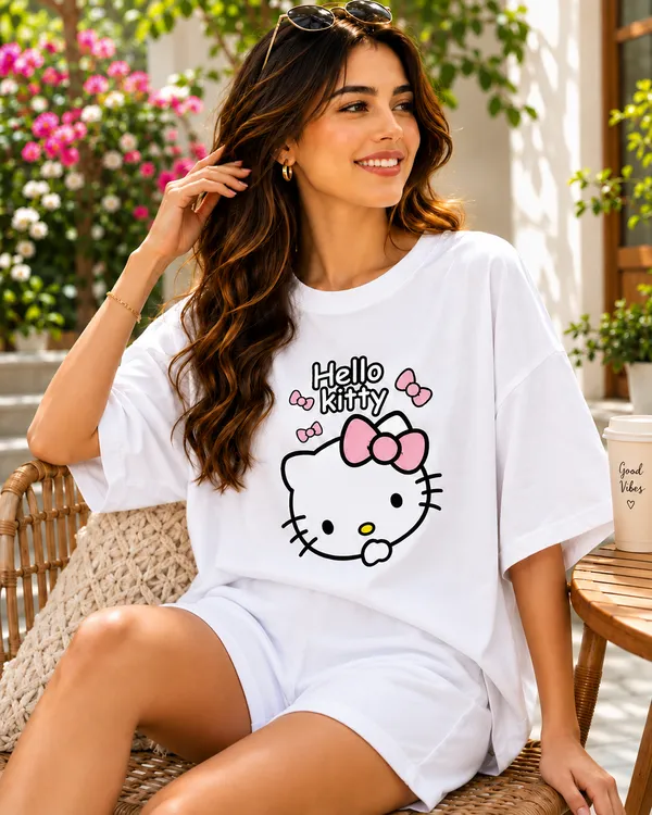 White_Oversized_Hello_Kitty_T-Shirt_And_Shorts_Set_for_Women