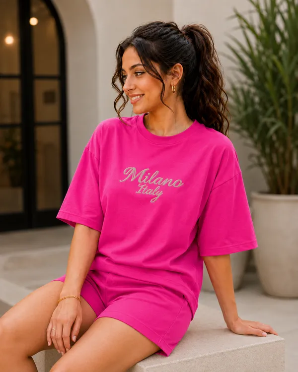 Pink_Relaxed_Fit_T-Shirt_And_Shorts_Set_For_Women