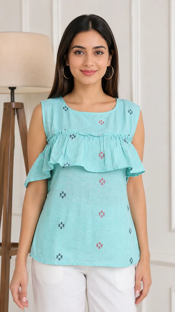 Turquoise_Printed_Cold_Shoulder_Ruffle_Top_for_Women