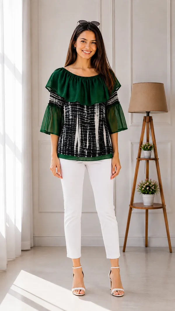 Green_Printed_Ruffle_Top_for_Women