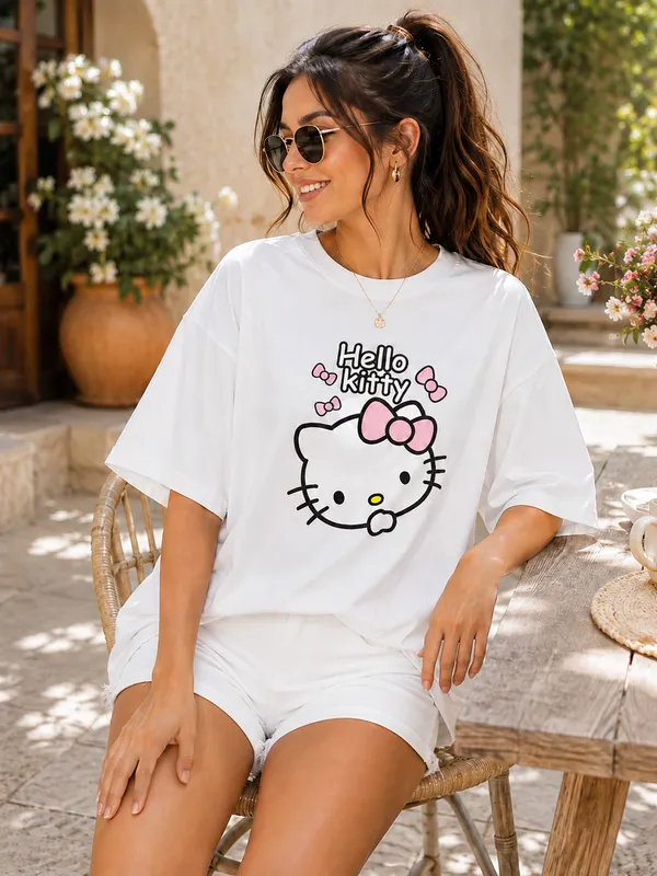 White_Oversized_Hello_Kitty_T-Shirt_And_Shorts_Set_for_Women