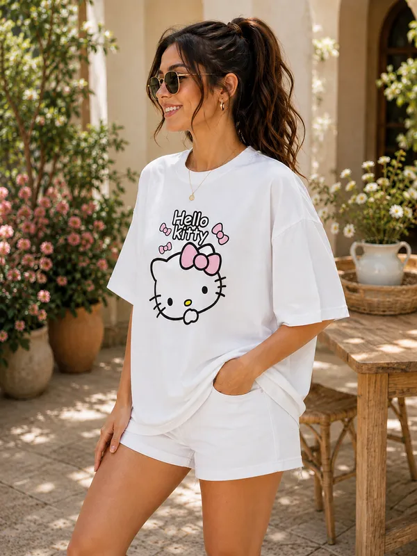 White_Oversized_Hello_Kitty_T-Shirt_And_Shorts_Set_for_Women