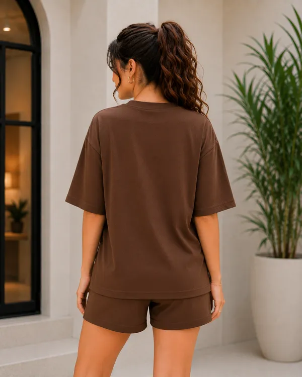 Brown_Relaxed_Fit_T-Shirt_And_Shorts_Set_For_Women