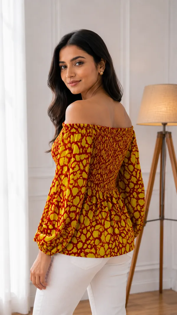 Yellow_Printed_Off_Shoulder_Top_for_Women