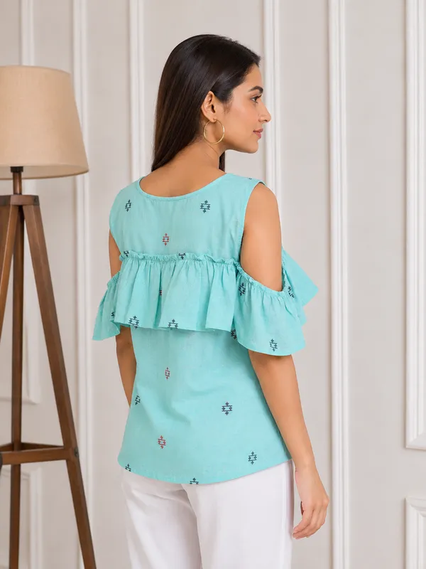Turquoise_Printed_Cold_Shoulder_Ruffle_Top_for_Women