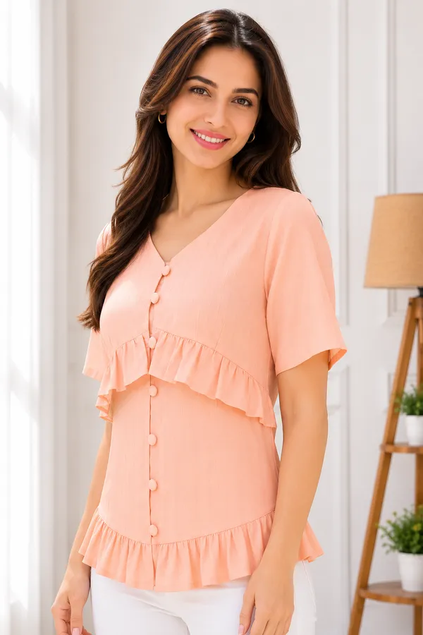 Peach_Ruffle_Hem_Button_Front_Top_for_Women