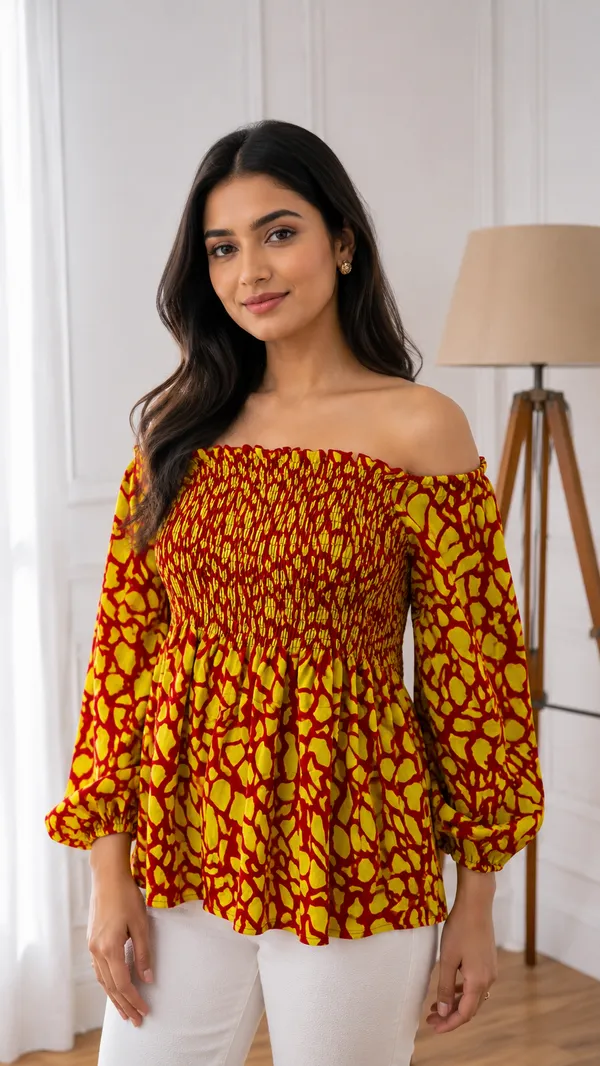Yellow_Printed_Off_Shoulder_Top_for_Women