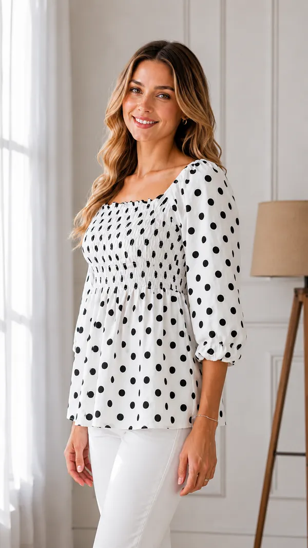 White_Polka_Dot_Smocked_Peplum_Top_for_Women