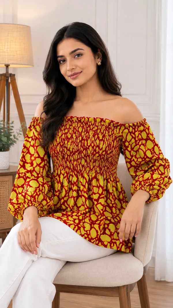 Yellow_Printed_Off_Shoulder_Top_for_Women