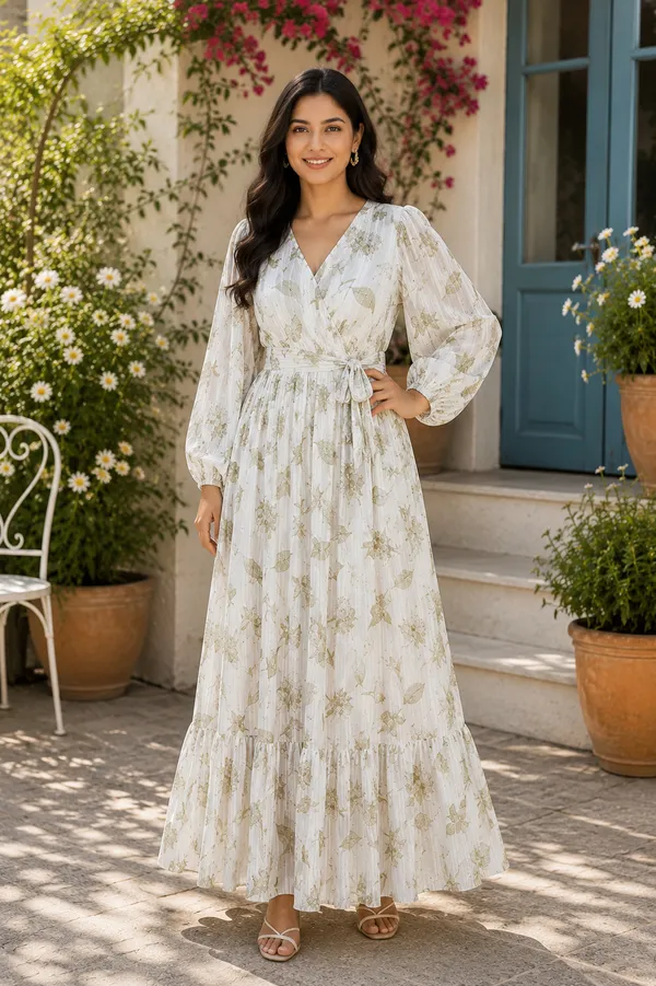 White_Polyester_Long_Dress_For_Women